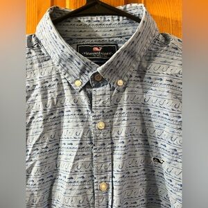 Vineyard Vines Mens XL Button Polo Shirt Blue Fishing Hooks Nautical Outdoor